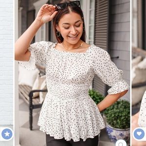 BLACK AND WHITE DOTTED
PEPLUM STYLE TOP BY ANDREE BY UNIT